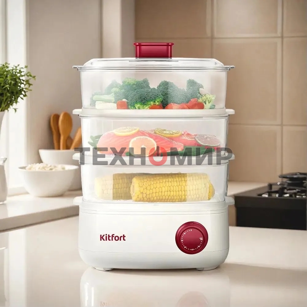Пароварка Kitfort КТ-6830 3ярус. 800Вт белый/красный