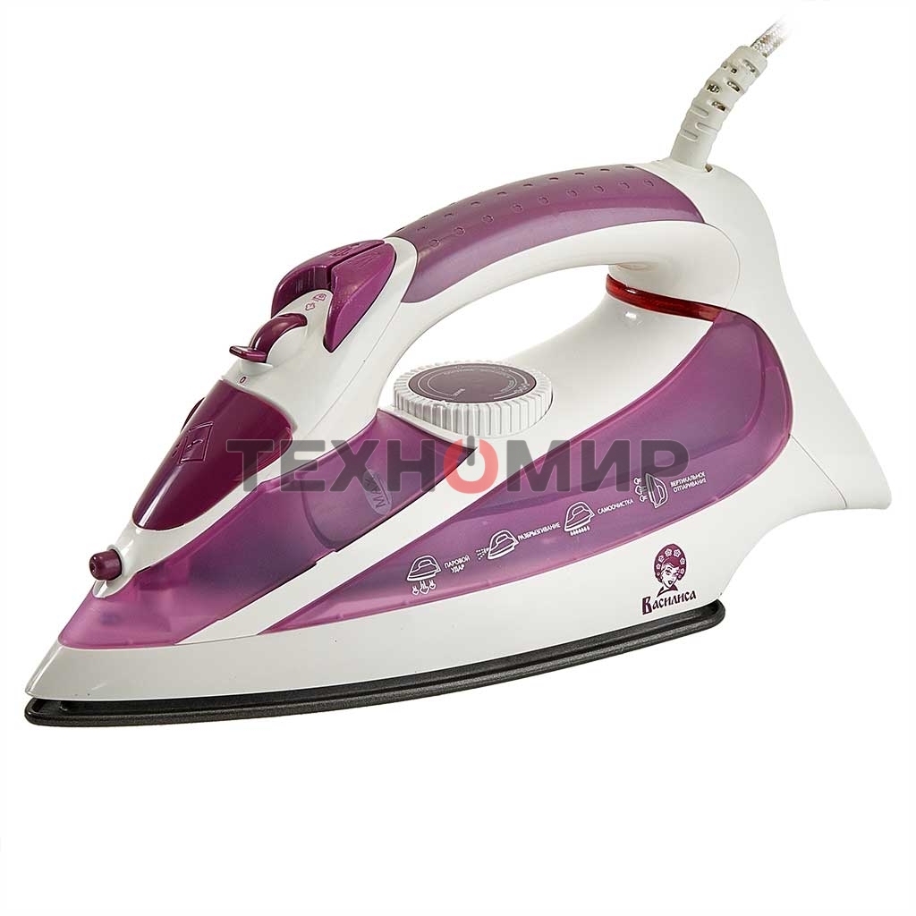 Утюг ВАСИЛИСА У3-2000 белый с сиреневым (2000 Вт. Тефлоновое покрытие подошвы. Индикатор нагрева утюга. Терморегулятор. 3 режима: сухое глажение, отпаривание, разбрызгивание воды. Возмож-ть регулировки степени отпаривания/вертикального отпаривания. Парово