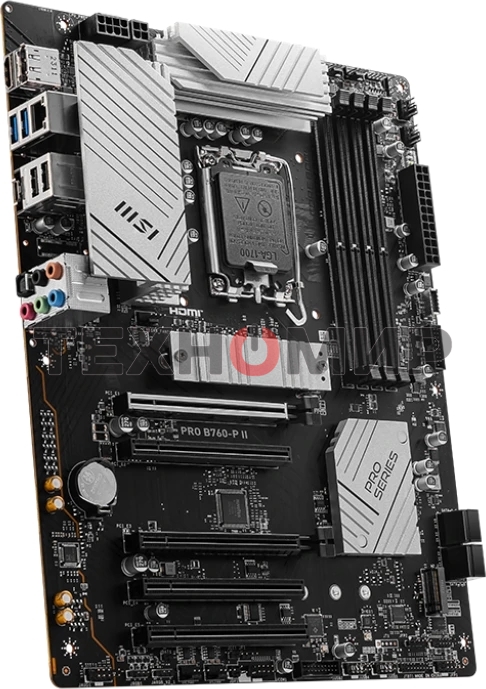 Материнская плата MSI PRO B760-P II, LGA 1700, Intel B760, 4xDDR5, 4xSATA, 2xM.2, 1xPCI-E 4.0 x16, 1xPCI-E 4.0 x4, 3xPCI-E 3.0 x1, 1xHDMI, 1xDP, 1xRJ45 2.5Gb, 1xUSB-C 3.2 Gen 2, 2xUSB-A 3.2 Gen 1, 2xUSB-A 2.0, 5x3.5мм, TOSLINK, 7.1, Standard-ATX