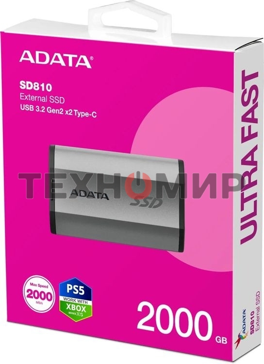 Внешний SSD ADATA SD810, 2TB, USB 3.2 Gen 2x2 Type-C, R/W 2000/2000, серебристый