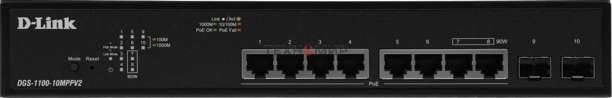 Коммутатор D-Link DGS-1100-10MPPV2/A 8G 2SFP 8PoE+ настраиваемый