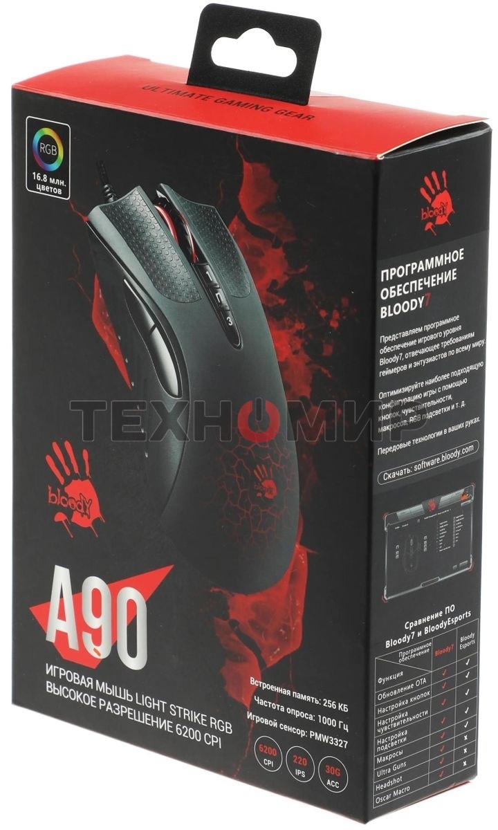 Мышь проводная A4Tech Bloody A90 черный, 6200 dpi, USB, кнопки - 8