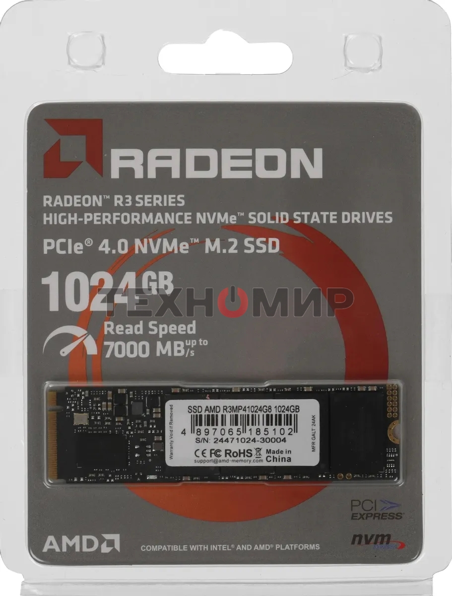 Накопитель SSD AMD Radeon R3MP41024G8, 1Tb, PCIe 4.0 x4, M.2 2280, NVMe, R/W 7000/5900