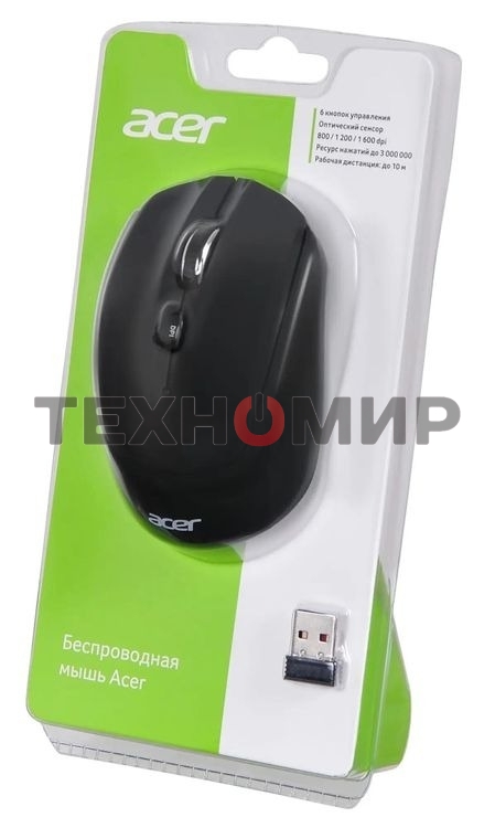 Мышь беспроводная Acer OMR040 черный, 1600 dpi, радиоканал, USB, кнопки - 6