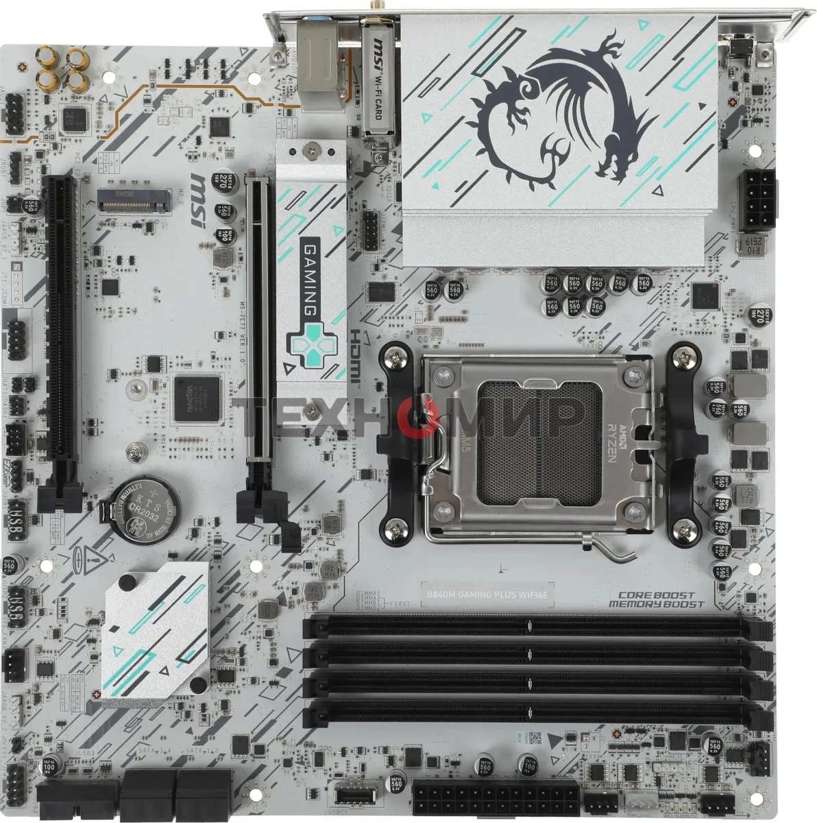 Материнская плата MSI B840M GAMING PLUS WIFI6E, AM5, AMD B840, 4xDDR5, 4xSATA, 2xM.2, 1xPCIe 4.0 x16, 1xPCIe 3.0 x4, 1xHDMI (v2.1), 1xUSB-C 10Gbps, 1xUSB-A 10Gbps, 2xUSB-A 5Gbps, 4xUSB-A 2.0, 1x2.5Gb LAN, Wi-Fi 6E, Bluetooth 5.3, 2x3.5 мм, 7.1, mATX