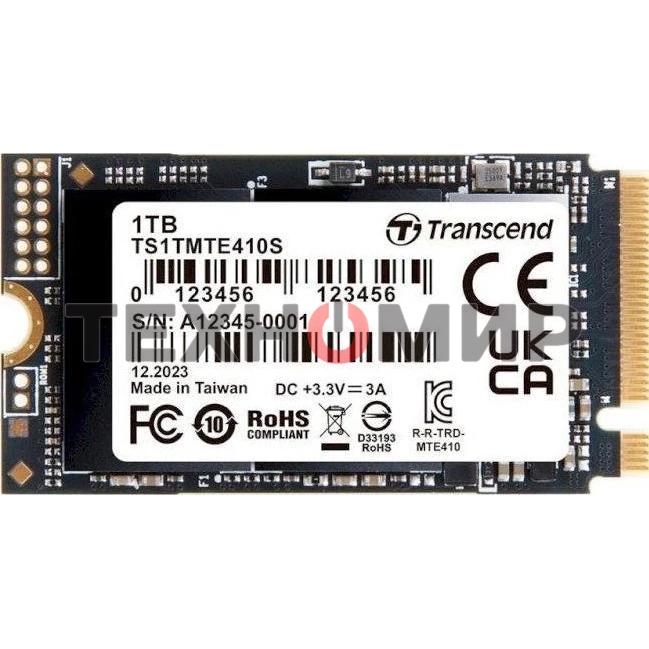 Твердотельный накопитель Transcend SSD MTE410S, 1000GB, M.2(22x42mm), NVMe, PCIe 4x4, 3D TLC, R/W 5000/3500MB/s, IOPs 570 000/700 000, TBW 600, DWPD 0.33, DRAM-less (5 лет)