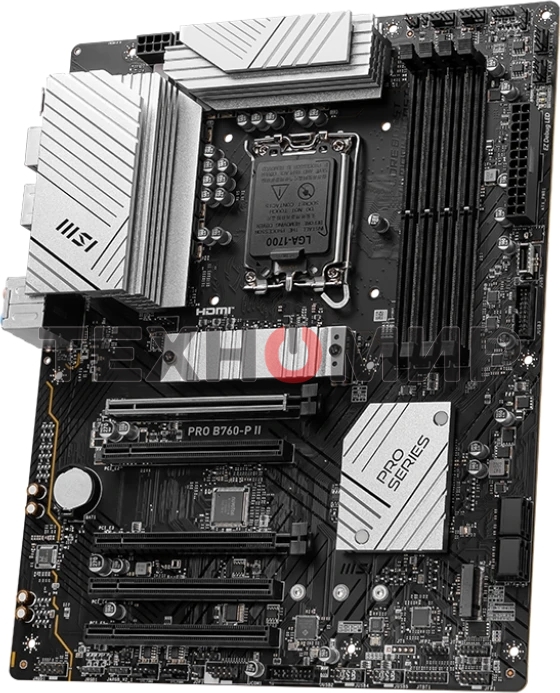 Материнская плата MSI PRO B760-P II, LGA 1700, Intel B760, 4xDDR5, 4xSATA, 2xM.2, 1xPCI-E 4.0 x16, 1xPCI-E 4.0 x4, 3xPCI-E 3.0 x1, 1xHDMI, 1xDP, 1xRJ45 2.5Gb, 1xUSB-C 3.2 Gen 2, 2xUSB-A 3.2 Gen 1, 2xUSB-A 2.0, 5x3.5мм, TOSLINK, 7.1, Standard-ATX