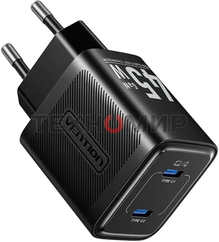 Сетевое зарядное устройство Vention на 2 порт USB С+C GaN 45W Черный
