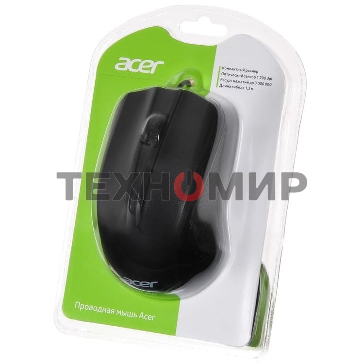 Мышь проводная Acer OMW010 черный, 1200 dpi, USB, кнопки - 3