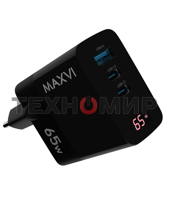 Сетевое зарядное устройство Maxvi A583GN Type-C 65W + Type-C 40W + USB 22W, GAN, PD, QC, LED дисплей, черный