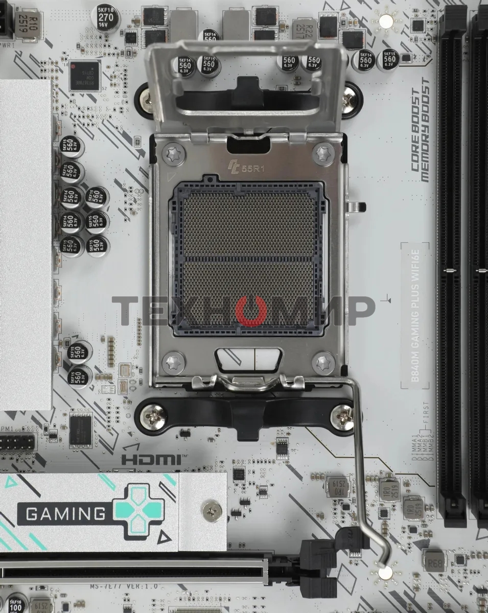 Материнская плата MSI B840M GAMING PLUS WIFI6E, AM5, AMD B840, 4xDDR5, 4xSATA, 2xM.2, 1xPCIe 4.0 x16, 1xPCIe 3.0 x4, 1xHDMI (v2.1), 1xUSB-C 10Gbps, 1xUSB-A 10Gbps, 2xUSB-A 5Gbps, 4xUSB-A 2.0, 1x2.5Gb LAN, Wi-Fi 6E, Bluetooth 5.3, 2x3.5 мм, 7.1, mATX