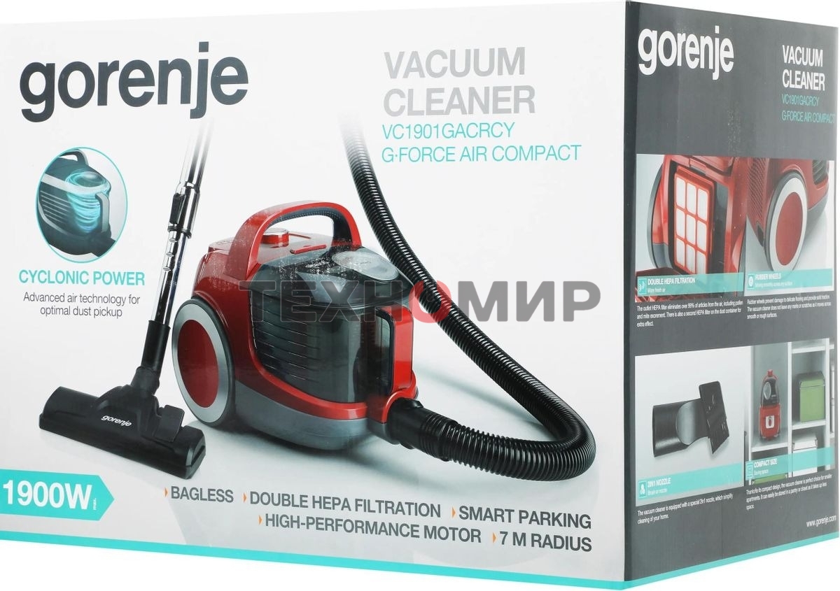 Пылесос Gorenje VC1901GACRCY черный/красный, 280/1900 Вт, уборка сухая, пылесборник контейнер 2.2 л