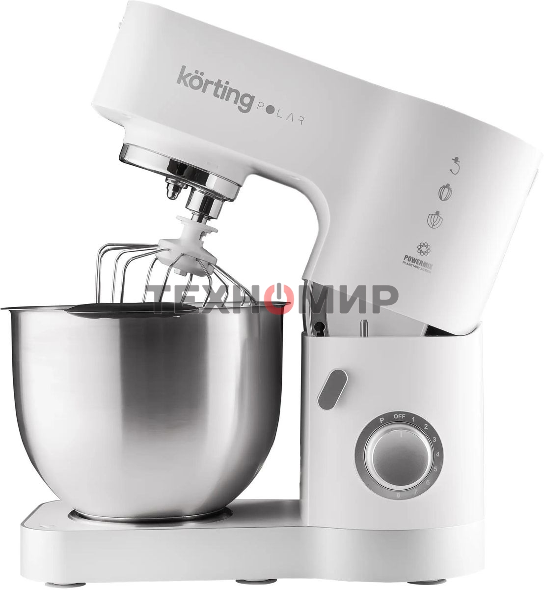Кухонная машина Korting KKM 0105 Polar мощность 1200 Вт, 7 насадок (планетарный миксер с 3-мя насадками, мясорубка, насадка для колбас, насадка для кеббе, насадка-блендер), объем чаши 5.5 л, 8 скоростей, импульсный режим, механическое управление, белый