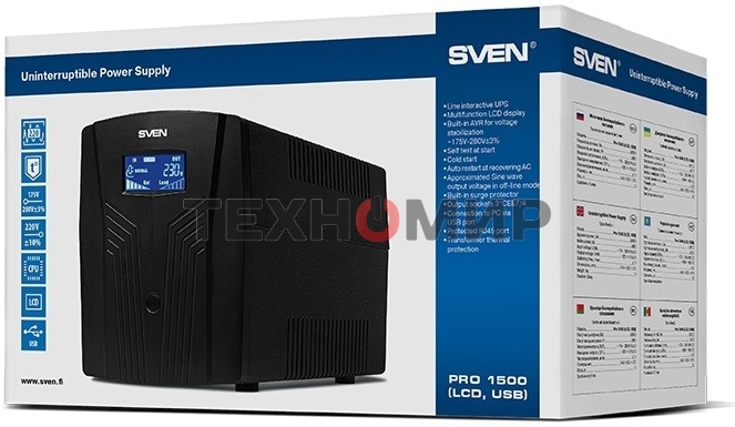 Источник бесперебойного питания UPS Sven Pro 1500 (1000 WA, LCD, USB, RG-45, 3 евро розетки)