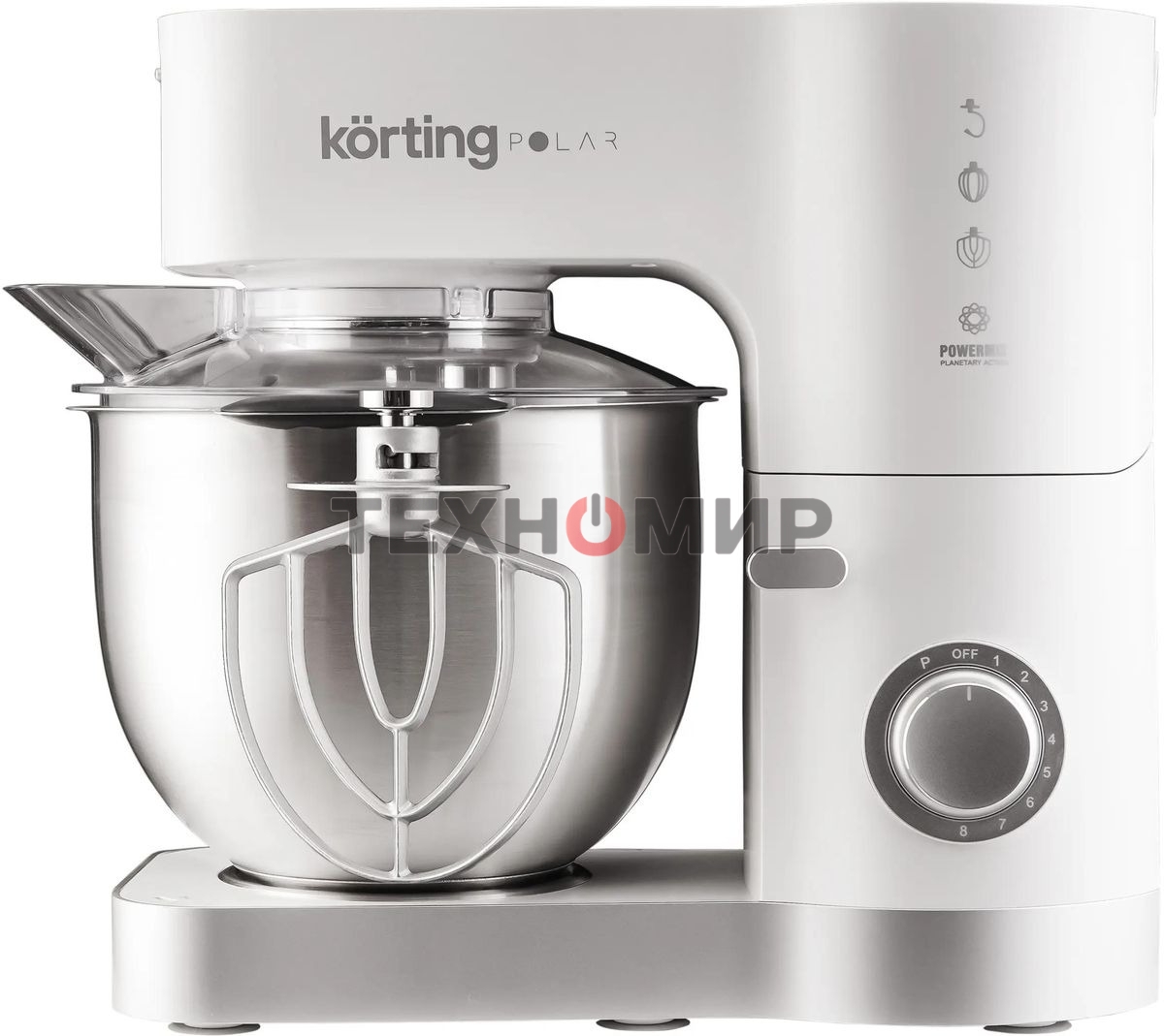 Кухонная машина Korting KKM 0105 Polar мощность 1200 Вт, 7 насадок (планетарный миксер с 3-мя насадками, мясорубка, насадка для колбас, насадка для кеббе, насадка-блендер), объем чаши 5.5 л, 8 скоростей, импульсный режим, механическое управление, белый