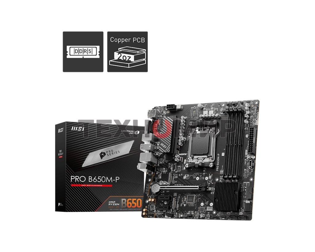 Материнская плата MSI PRO B650M-P, AM5, AMD B650, 4xDDR5, 4xSATA, 2xM.2, 1xPCI-E 4.0 x16, 2xPCI-E 4.0 x1, 1xHDMI, 1xDP, 1xVGA, 1x2.5Gb LAN, 2xUSB 3.2 Gen 1, 2xUSB 3.2 Gen 2, 3x3.5 мм, 7.1, Micro-ATX