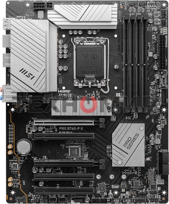 Материнская плата MSI PRO B760-P II, LGA 1700, Intel B760, 4xDDR5, 4xSATA, 2xM.2, 1xPCI-E 4.0 x16, 1xPCI-E 4.0 x4, 3xPCI-E 3.0 x1, 1xHDMI, 1xDP, 1xRJ45 2.5Gb, 1xUSB-C 3.2 Gen 2, 2xUSB-A 3.2 Gen 1, 2xUSB-A 2.0, 5x3.5мм, TOSLINK, 7.1, Standard-ATX