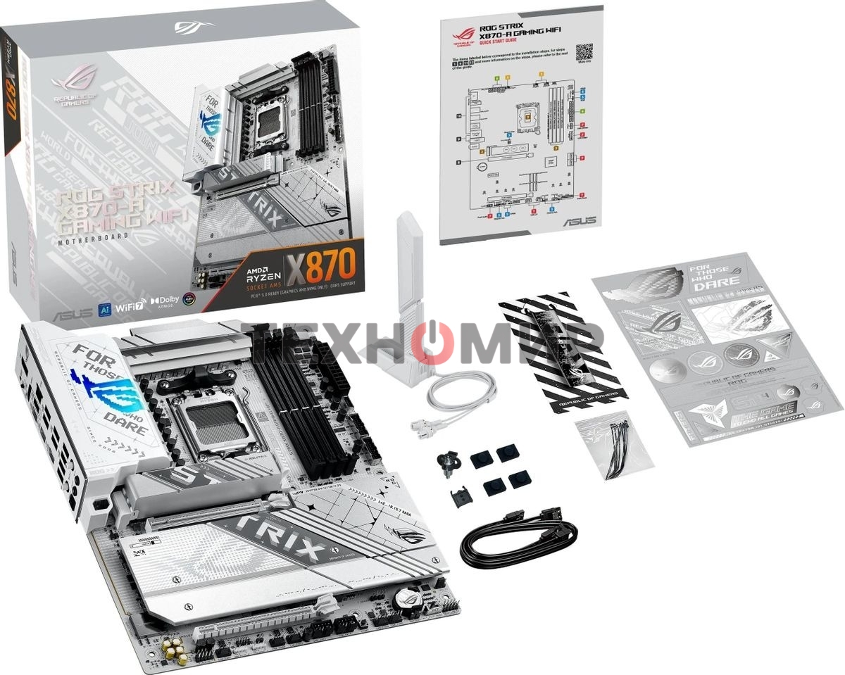 Материнская плата ASUS ROG STRIX X870-A GAMING WIFI, AM5, AMD X870, 4xDDR5, 2xSATA, 4xM.2, 1xPCI-E 4.0 x4, 1xPCI-E 5.0 x16, 1xHDMI, 1xDP, 1x 2.5Gb LAN, 4xUSB-A 3.2 Gen 1, 5xUSB-A 3.2 Gen 2, 1xUSB-C 3.2 Gen 2, 2xUSB4, 2x3.5 мм, 7.1, ATX