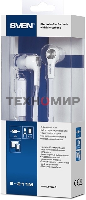 Наушники внутриканальные с микрофоном SVEN E-211M белый