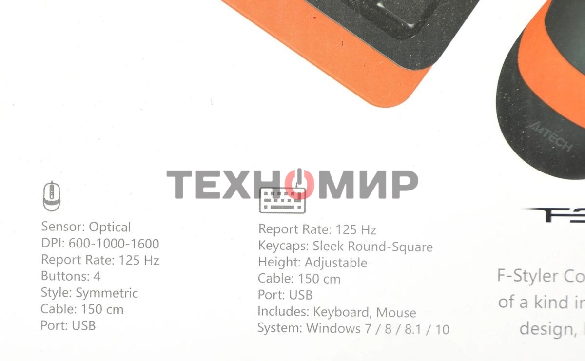 Комплект клавиатура+мышь A4Tech FStyler F1010 проводной, USB, 1600 DPI, чёрный/оранжевый