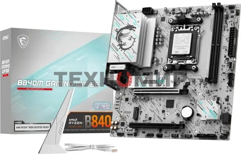 Материнская плата MSI B840M GAMING PLUS WIFI6E, AM5, AMD B840, 4xDDR5, 4xSATA, 2xM.2, 1xPCIe 4.0 x16, 1xPCIe 3.0 x4, 1xHDMI (v2.1), 1xUSB-C 10Gbps, 1xUSB-A 10Gbps, 2xUSB-A 5Gbps, 4xUSB-A 2.0, 1x2.5Gb LAN, Wi-Fi 6E, Bluetooth 5.3, 2x3.5 мм, 7.1, mATX