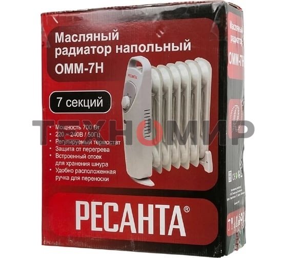 Обогреватель масляный Ресанта ОММ-7Н (7 секций) белый, 700 Вт, 10 м2, термостат 67/3/1