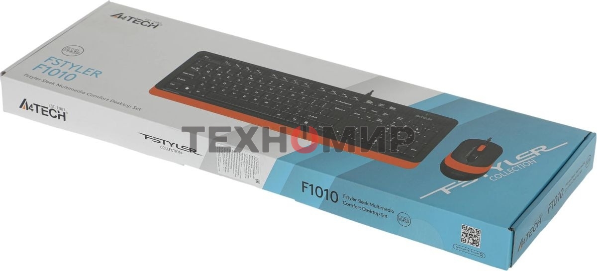 Комплект клавиатура+мышь A4Tech FStyler F1010 проводной, USB, 1600 DPI, чёрный/оранжевый