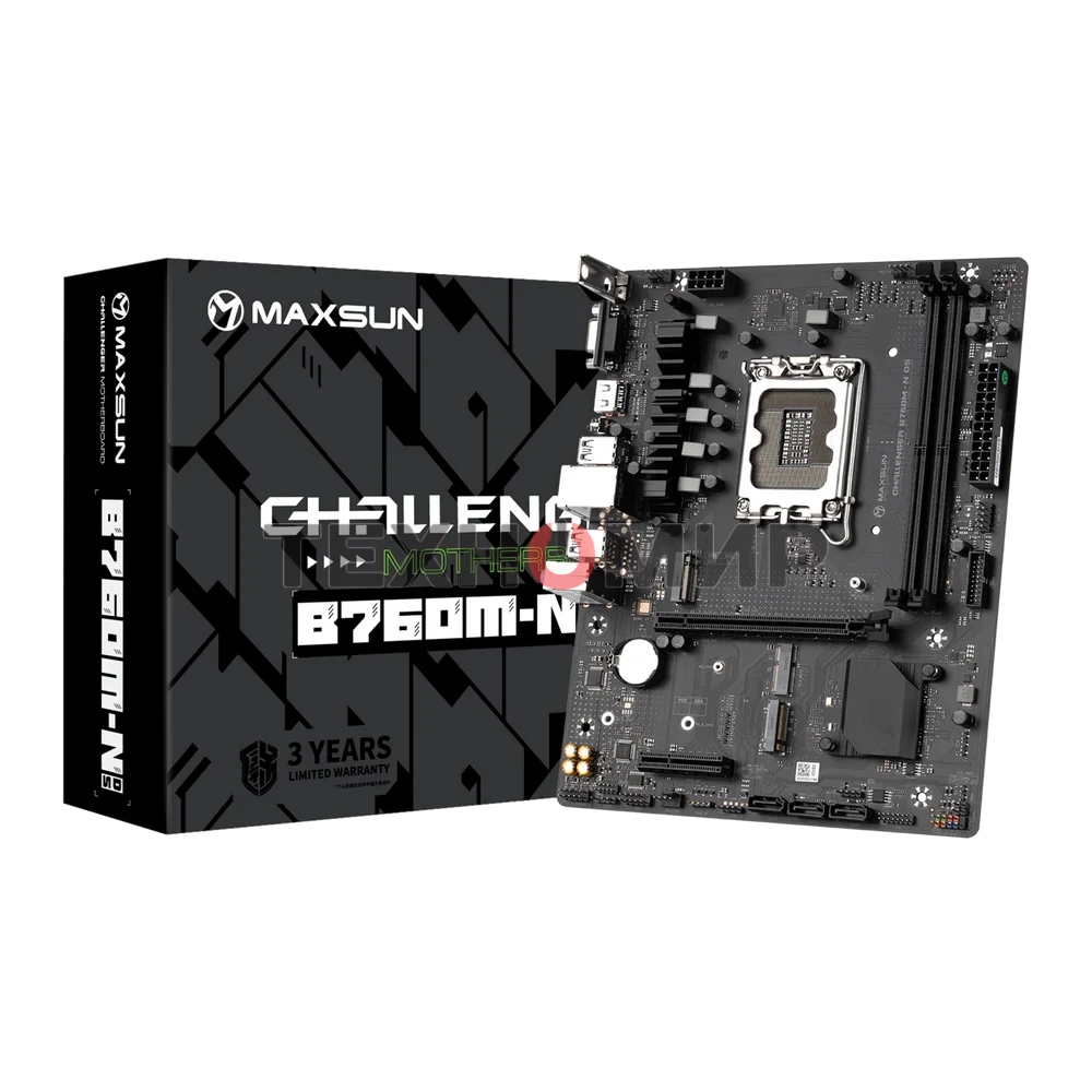 Материнская плата Maxsun Challenger B760M-N D5, LGA 1700, Intel B760, 2xDDR5, 3xSATA, 2xM.2, 1xPCIe 4.0 x16, 1xPCIe x4, 1xVGA, 1xHDMI, 1x 1Gb LAN, 2xUSB-A 2.0, 4xUSB-A 3.2 Gen 1, 5.1, mATX