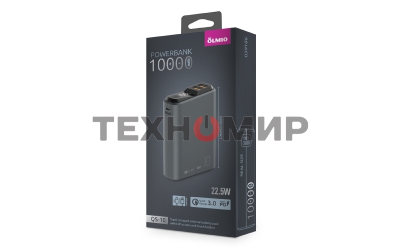 Портативный аккумулятор OLMIO QS-10, 10000mAh, 22.5W QuickCharge3.0/PowerDelivery, LCD, темно-серый