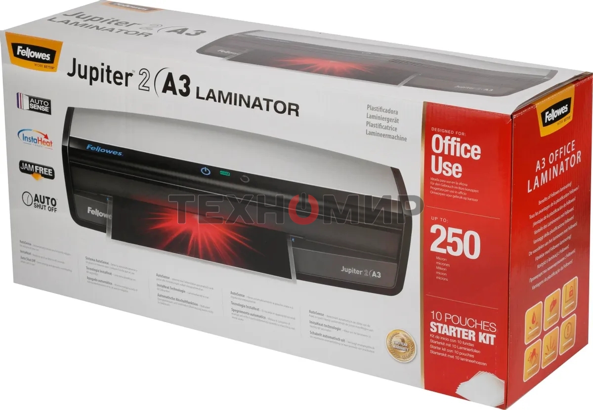 Ламинатор Fellowes Jupiter A3 FS-57484 75-250 мкм, до 140 см/мин, нагрев 60 сек, AutoSense, APTS, 6 валов