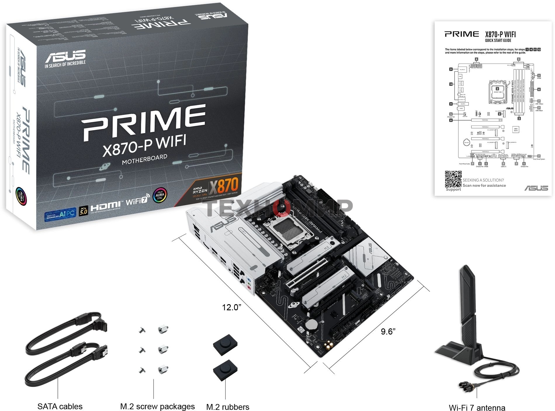Материнская плата ASUS PRIME X870-P WIFI, AM5, AMD X870, 4xDDR5, 2xSATA, 4xM.2, 1xPCI-E 5.0 x16, 2xPCI-E 4.0 x1, 1xHDMI, 2xUSB-C, 1x 2.5Gb LAN, 4xUSB-A 3.2 Gen 1, 1xUSB-A 3.2 Gen 2, 4xUSB-A 2.0, 3x3.5 мм, 7.1, 1xWi-Fi 7, ATX