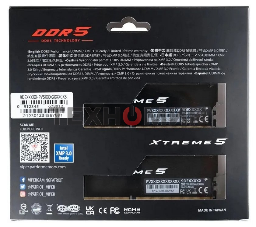 Оперативная память Patriot Viper Xtreme 5, DDR5, 48GB (2x24GB), 8200MHz, CL38, DIMM, с радиаторами, черный