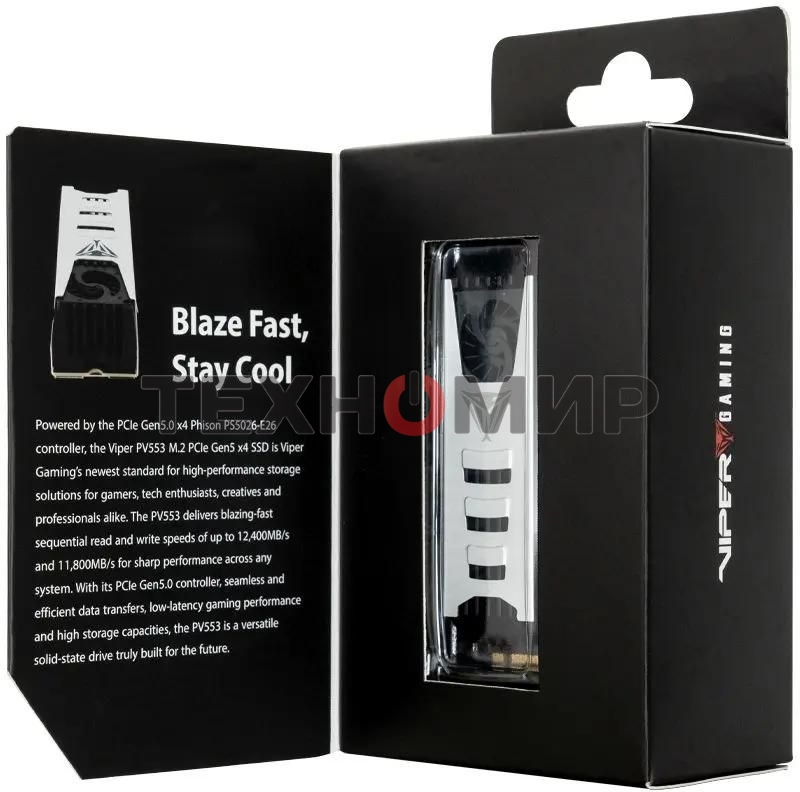 Накопитель SSD Patriot Viper PV553, 1Tb, PCIe 5.0 x4, M.2 2280, NVMe, R/W 11700/9500, активное охлаждение