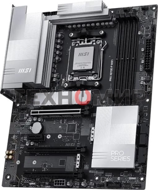 Материнская плата MSI PRO X870E-P WIFI, AM5, AMD X870E, 4xDDR5, 4xSATA, 3xM.2, 1xPCIe 5.0 x16, 1xPCIe 4.0 x4, 1xPCIe 3.0 x1, 1xHDMI, 1x5Gb LAN, Wi-Fi 7, Bluetooth 5.4, 1xUSB-C 20Gbps, 1xThunderbolt 4, 2xUSB-A 10Gbps, 2xUSB-A 5Gbps, 4xUSB-A 2.0, 3x3.5 мм, 