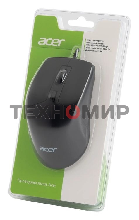 Мышь проводная Acer OMW130 черный, 3600 dpi, USB, кнопки - 6