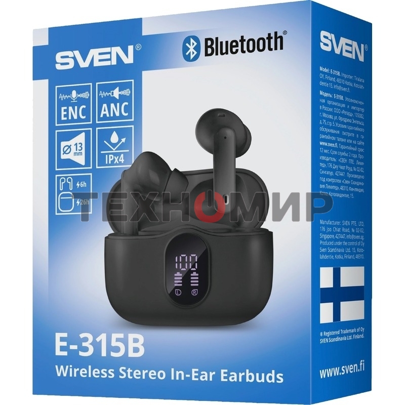 Беспроводные внутриканальные наушники с микрофоном Sven E-315B, черный (Bluetooth, TWS, ANC, ENC, APP)