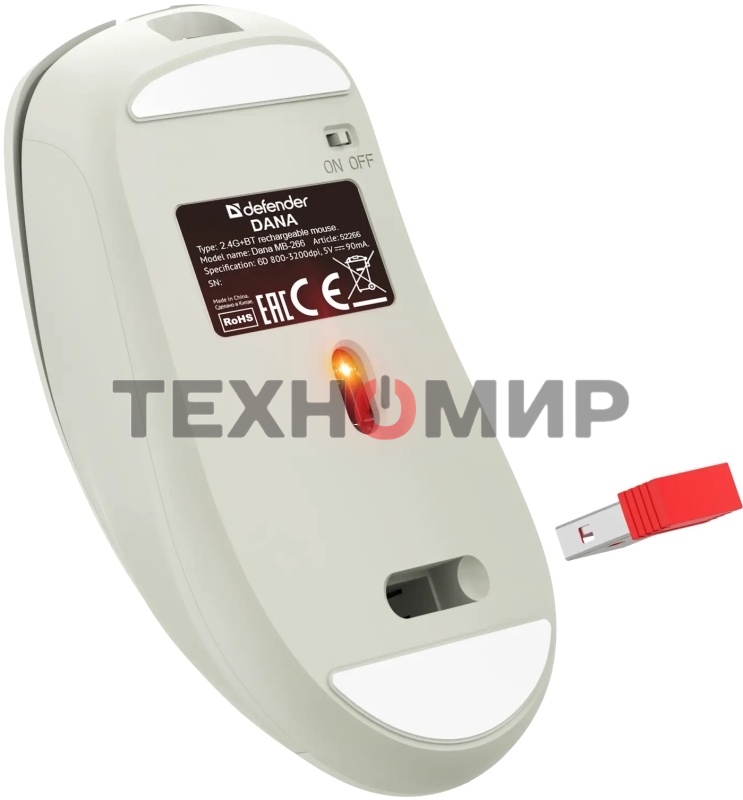 Мышь беспроводная Defender Dana MB-266 светло-серый, 3200 dpi, радиоканал, Bluetooth, USB, кнопки - 6