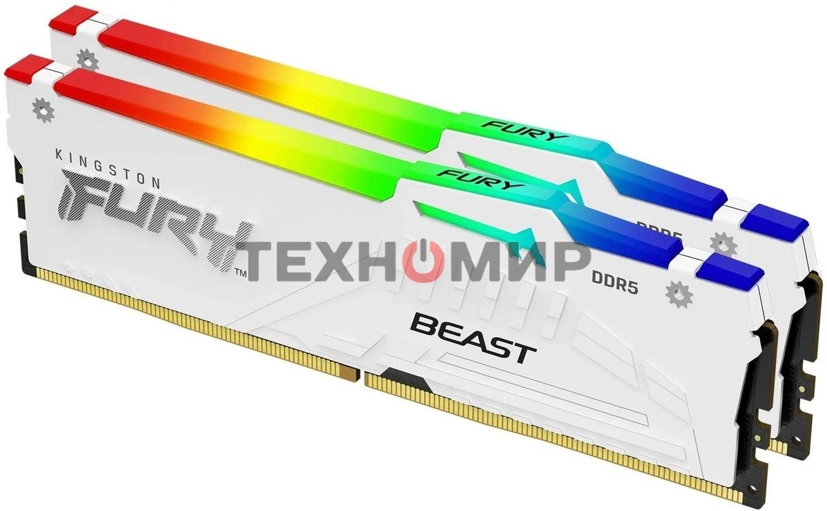 Оперативная память Kingston Fury Beast, DDR5, 32Gb (2x16Gb), 5600MHz, CL40, DIMM, с радиаторами, RGB, белый