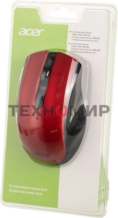 Мышь беспроводная Acer OMR032 черный/красный, 1600 dpi, радиоканал, USB, кнопки - 4