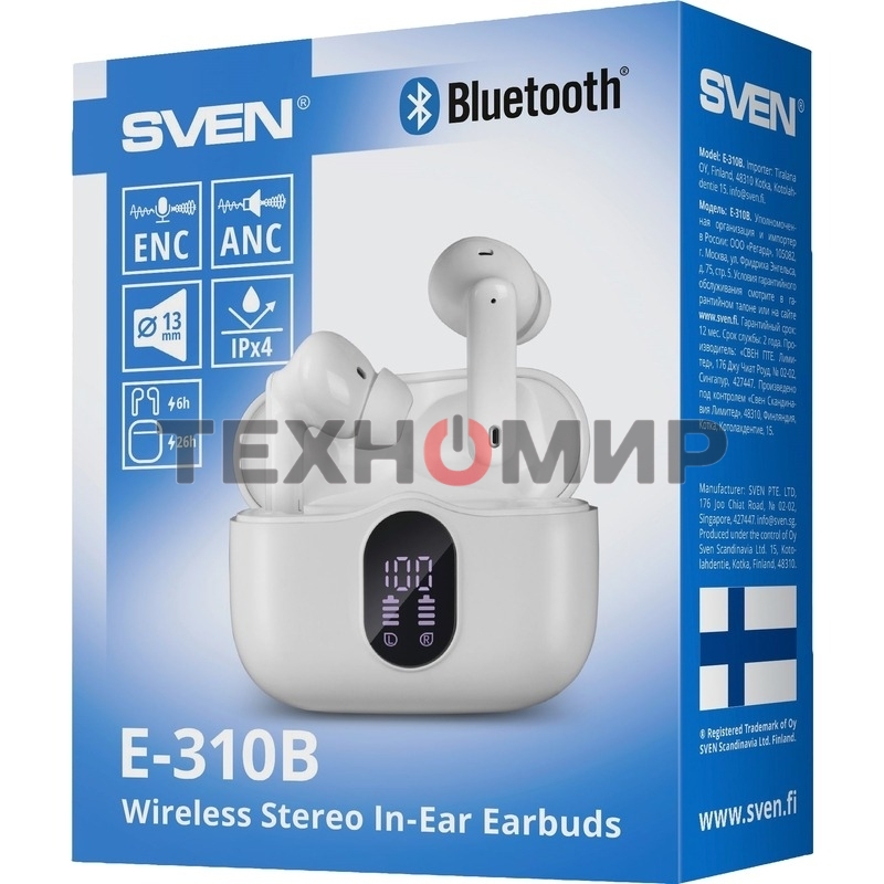 Беспроводные внутриканальные наушники с микрофоном Sven E-310B, белый (Bluetooth, TWS, ANC, ENC, APP)