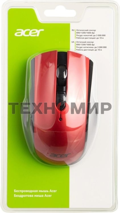 Мышь беспроводная Acer OMR032 черный/красный, 1600 dpi, радиоканал, USB, кнопки - 4