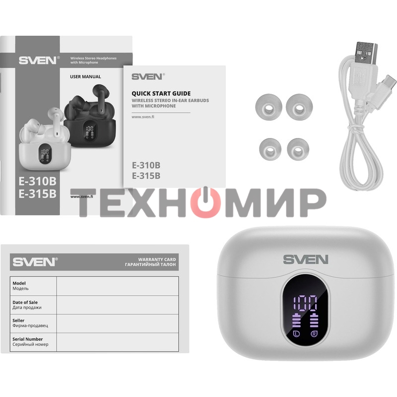 Беспроводные внутриканальные наушники с микрофоном Sven E-310B, белый (Bluetooth, TWS, ANC, ENC, APP)
