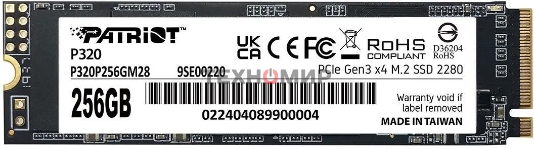 Накопитель SSD Patriot P320, 256Gb, PCIe 3.0 x4, M.2 2280, NVMe, R/W 2200/1200