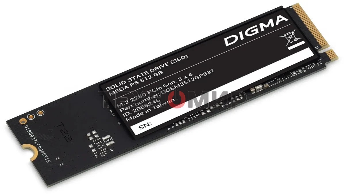 Накопитель SSD Digma Mega P5 DGSM3512GP53T, 512Gb, PCIe 3.0 x4, M.2 2280, NVMe, R/W 2900/2000