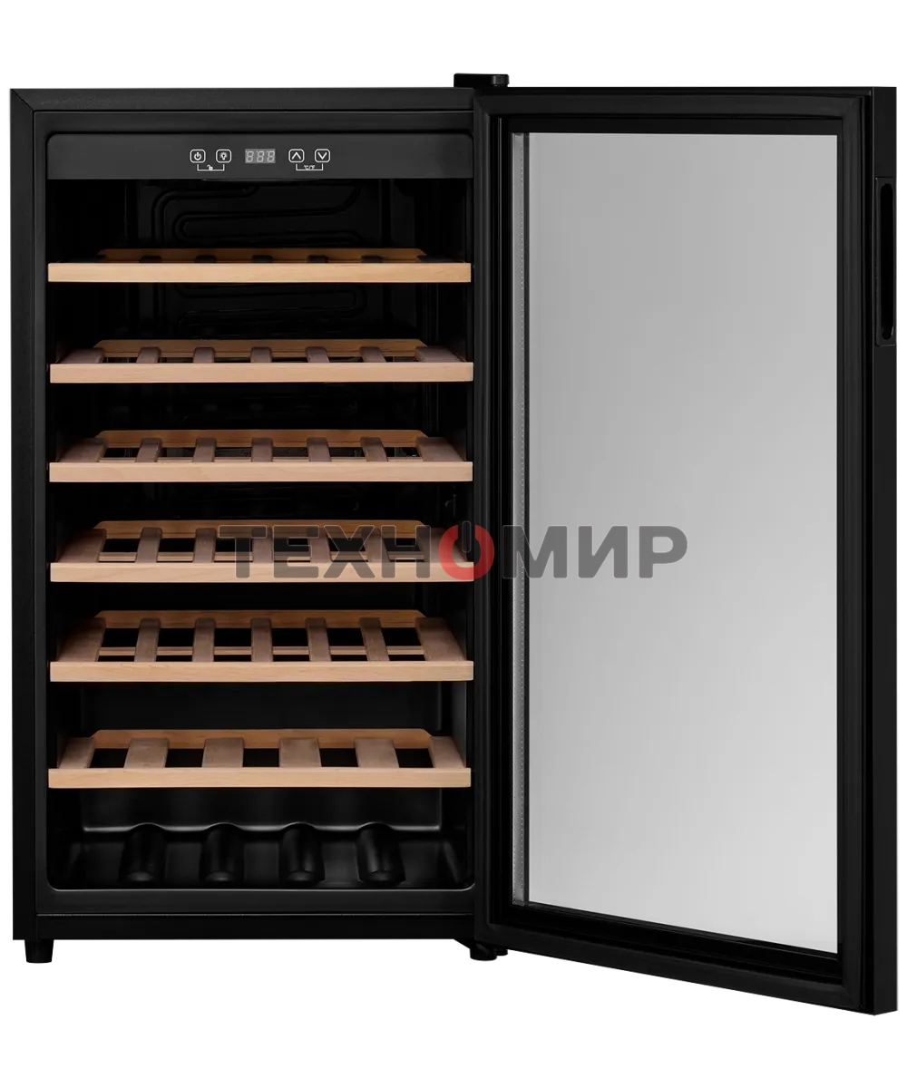 Винный шкаф Kuppersberg RSW 82, отдельностоящий, High-Tech, объем 128 л, вместимость 40 бутылок, диапазон температуры 5-20 градусов, механическое открытие двери, 6 полок из бука, LCD дисплей, уровень шума 38 дБ, черный
