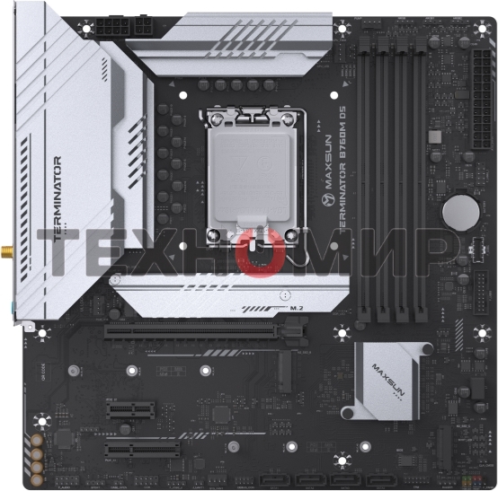 Материнская плата Maxsun Terminator B760M D5 WIFI, LGA 1700, Intel B760, 4xDDR5, 4xSATA, 3xM.2, 1xPCIe 5.0 x16, 1xPCIe x4, 1xPCIe x1, 1xHDMI, 1xDP, 1x 2.5Gb LAN, 6xUSB 2.0, 2xUSB 3.2 Gen 2, 3x3.5 мм, 5.1, mATX