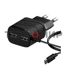 Сетевое зарядное устройство Maxvi TCM-202TB, 2xUSB, 5V, 2A, Type-C