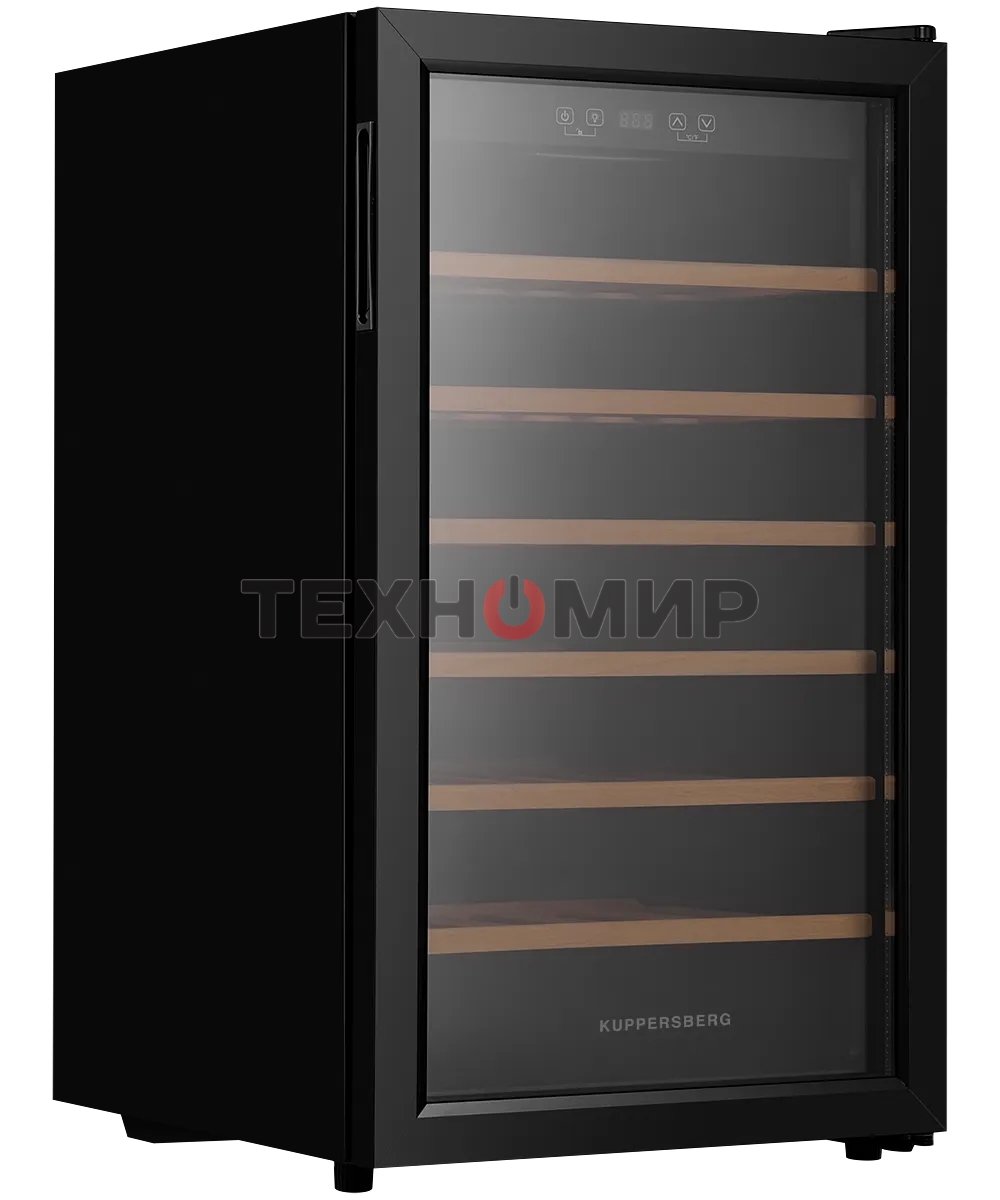 Винный шкаф Kuppersberg RSW 82, отдельностоящий, High-Tech, объем 128 л, вместимость 40 бутылок, диапазон температуры 5-20 градусов, механическое открытие двери, 6 полок из бука, LCD дисплей, уровень шума 38 дБ, черный