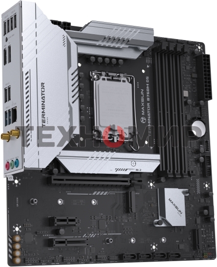 Материнская плата Maxsun Terminator B760M D5 WIFI, LGA 1700, Intel B760, 4xDDR5, 4xSATA, 3xM.2, 1xPCIe 5.0 x16, 1xPCIe x4, 1xPCIe x1, 1xHDMI, 1xDP, 1x 2.5Gb LAN, 6xUSB 2.0, 2xUSB 3.2 Gen 2, 3x3.5 мм, 5.1, mATX