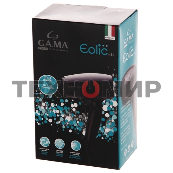 Фен GA.MA GH0201 EOLIC MINI CX черный, 1600 Вт, компактный, ионизация